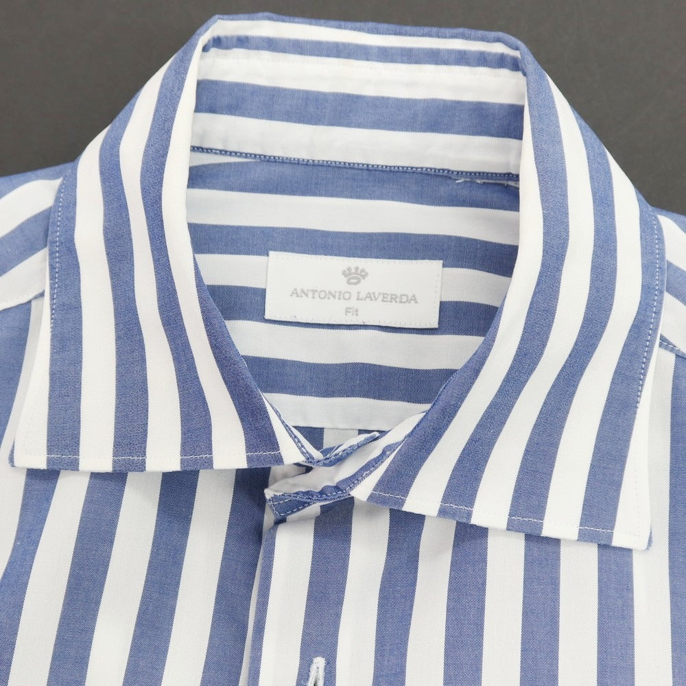 【中古】アントニオ ラベルダ ANTONIO LAVERDA コットン ストライプ ワイドカラー ドレスシャツ ネイビーxホワイト【サイズ表記なし(XS位)】【 状態ランクC 】【 メンズ 】