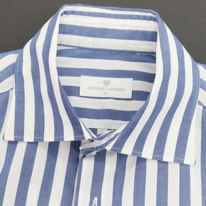 【中古】アントニオ ラベルダ ANTONIO LAVERDA コットン ストライプ ワイドカラー ドレスシャツ ネイビーxホワイト【サイズ表記なし(XS位)】【 状態ランクC 】【 メンズ 】