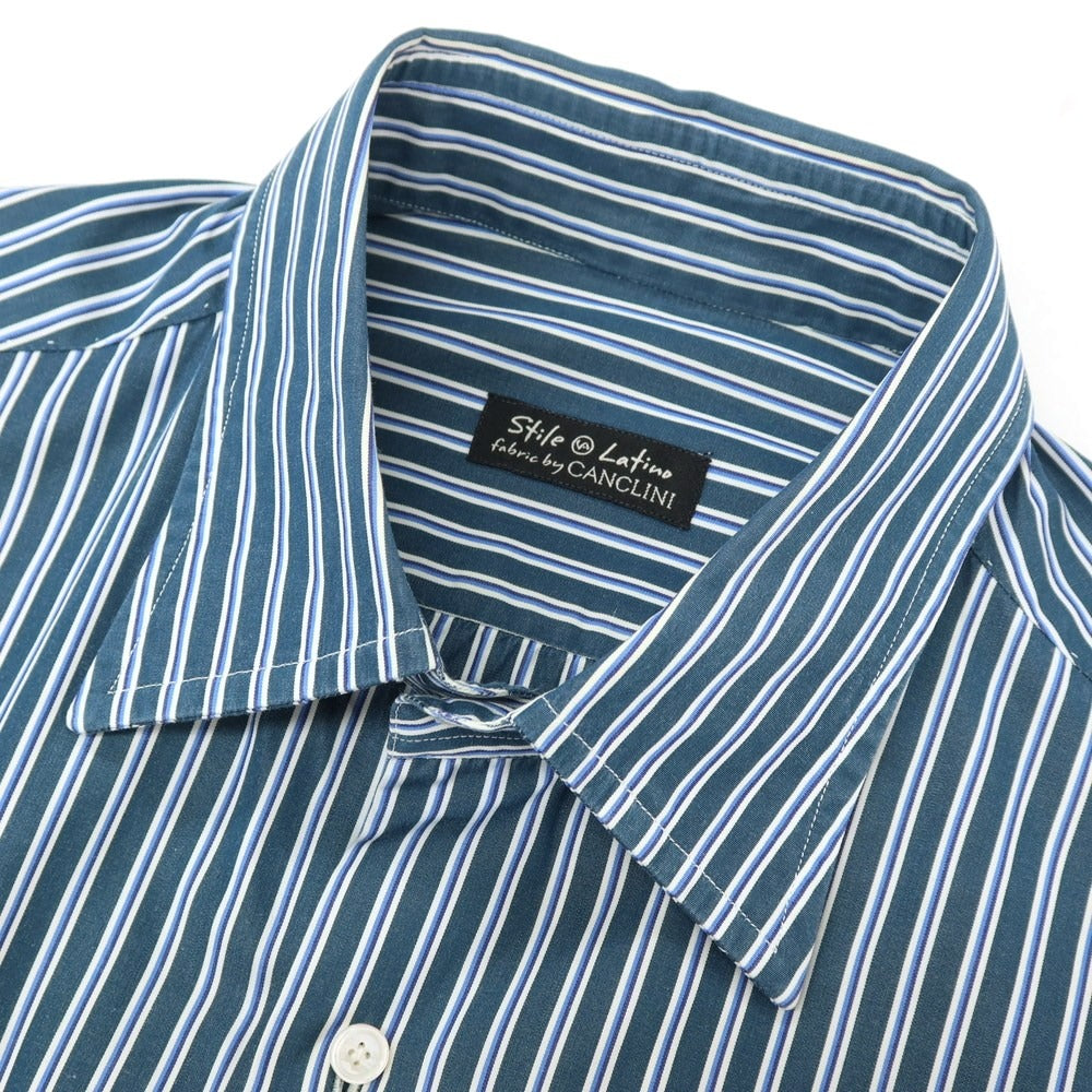 【中古】スティレ ラティーノ STILE LATINO コットン ストライプ レギュラーカラー ドレスシャツ グリーンxホワイト【サイズ39】【 状態ランクC 】【 メンズ 】