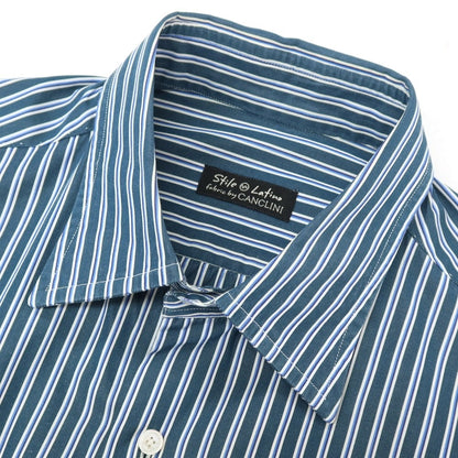 【中古】スティレ ラティーノ STILE LATINO コットン ストライプ レギュラーカラー ドレスシャツ グリーンxホワイト【サイズ39】【 状態ランクC 】【 メンズ 】