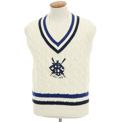 【中古】ポロ ラルフローレン Polo Ralph Lauren ケーブル編み コットンカシミヤ Vネック ニットベスト オフホワイトxネイビー【サイズM】【 状態ランクB 】【 メンズ 】