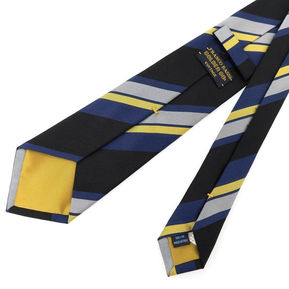 【中古】フランコバッシ FRANCO BASSI GOLDEN 80’s シルク ストライプ柄ネクタイ ブラックxダークブルー【 状態ランクB 】【 メンズ 】