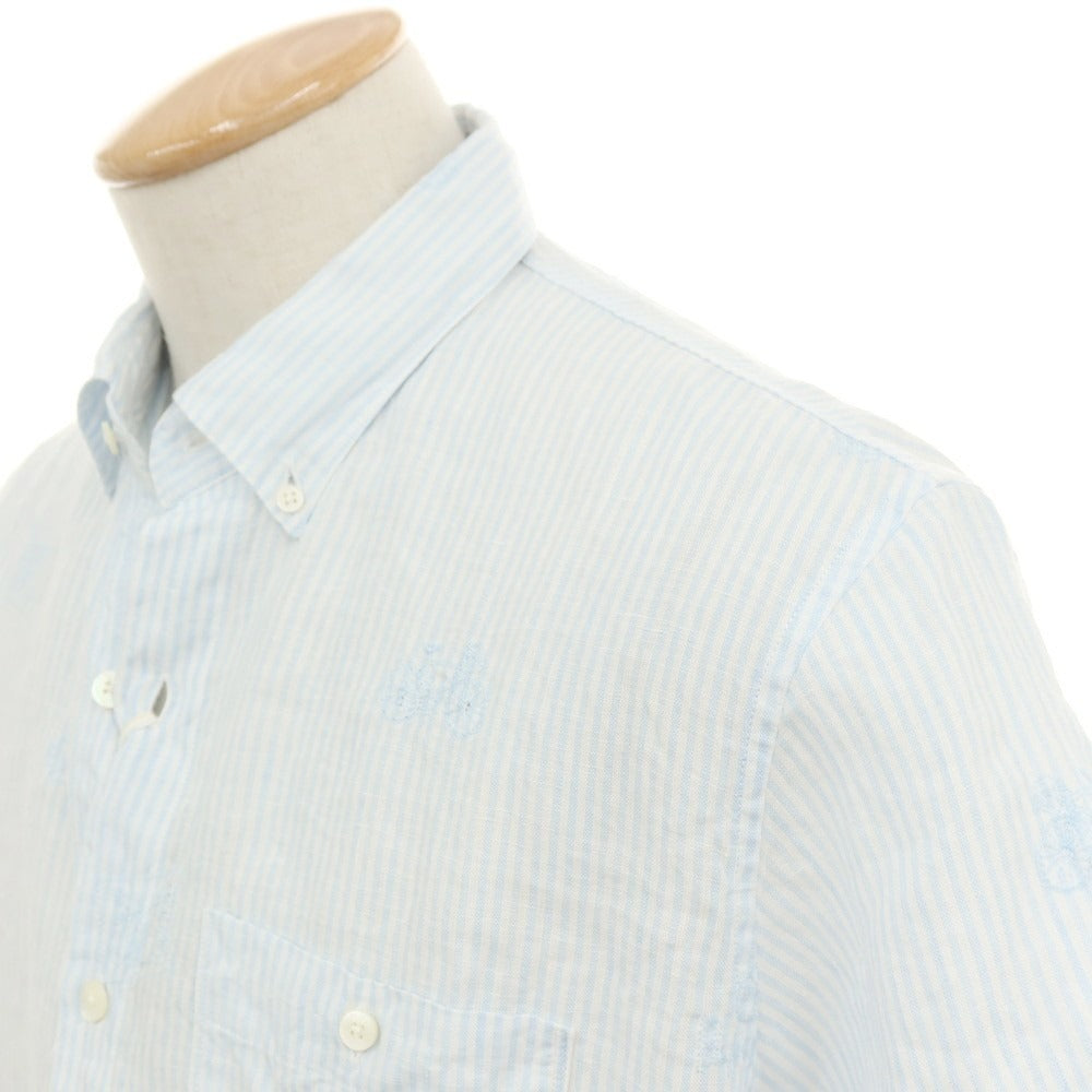 【中古】【未使用】パパス PAPAS SPORTS リネン 自転車柄 刺しゅう ストライプ ボタンダウン 半袖シャツ ブルーxホワイト【サイズ46/S】【 状態ランクS 】【 メンズ 】