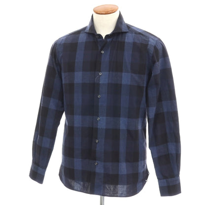 【SALE30%OFF/返品不可】【中古】オリアン ORIAN コットン チェック ホリゾンタルカラー カジュアルシャツ ネイビー【 サイズＭ 】【 状態ランクB 】【 メンズ 】 [APD]