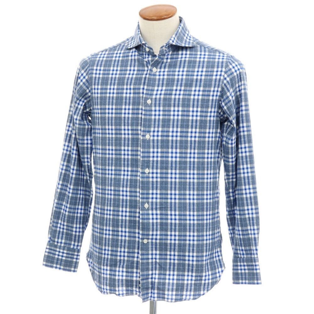 【中古】ビームスエフ BEAMS F コットン チェック ホリゾンタルカラー カジュアルシャツ ネイビーxブルー【サイズM】【 状態ランクC 】【 メンズ 】[APD]