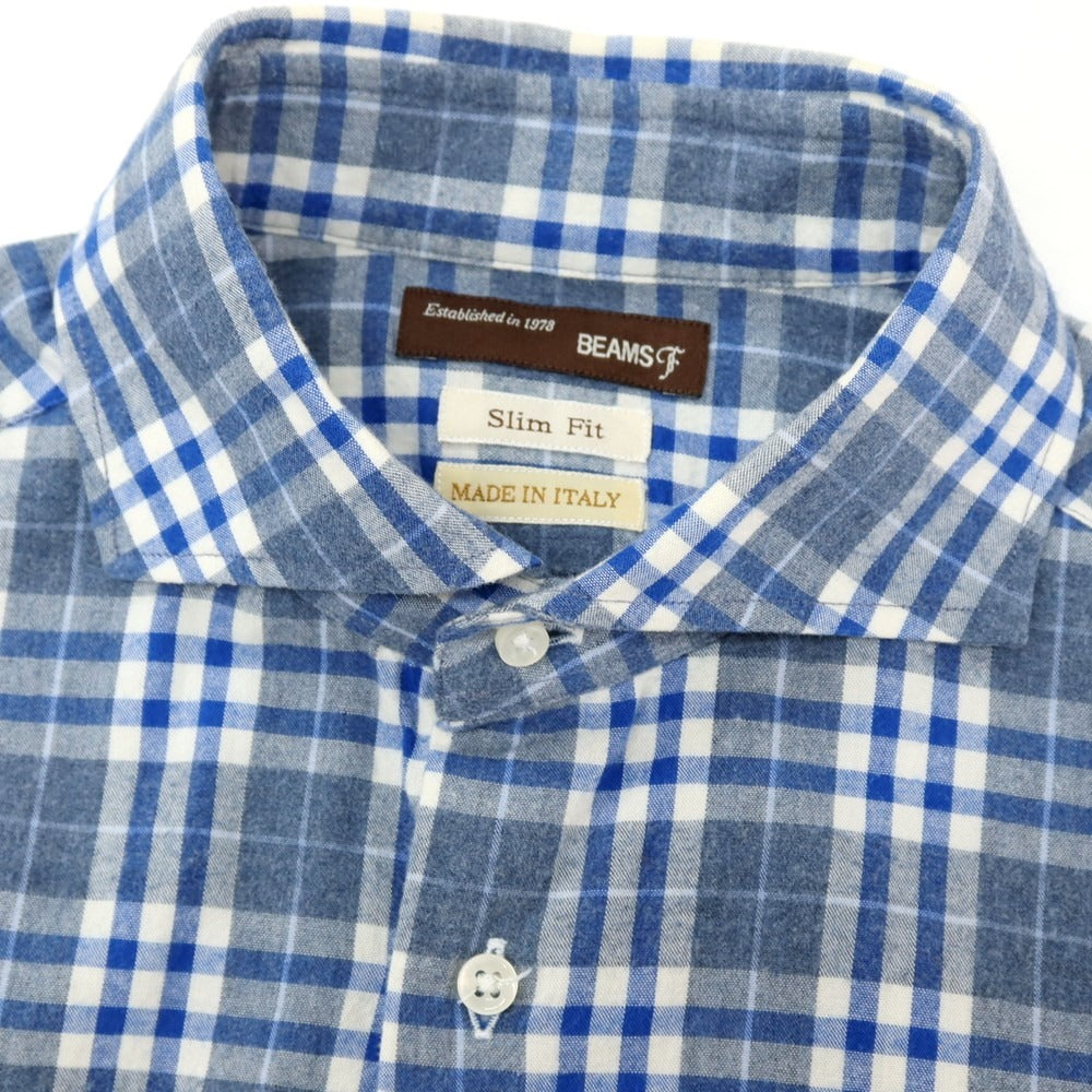 【中古】ビームスエフ BEAMS F コットン チェック ホリゾンタルカラー カジュアルシャツ ネイビーxブルー【サイズM】【 状態ランクC 】【 メンズ 】[APD]