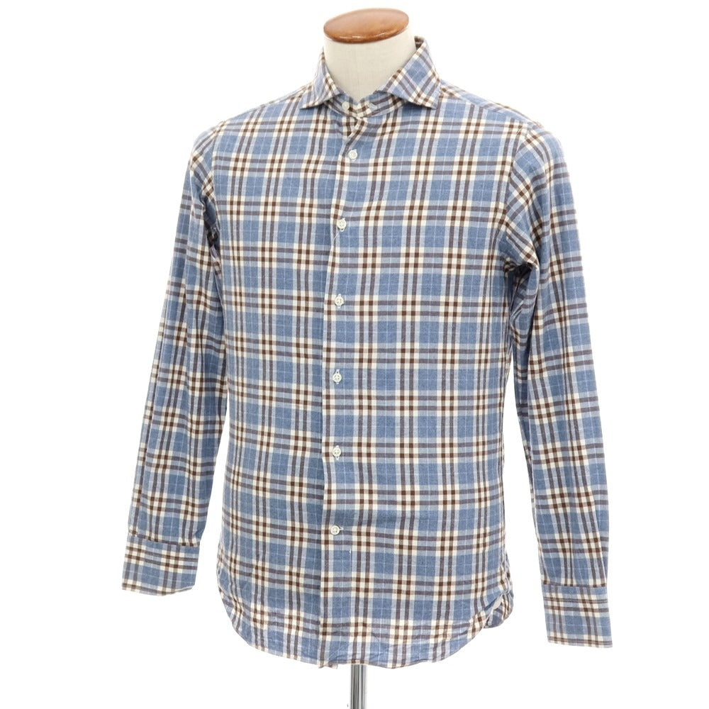 【中古】ビームスエフ BEAMS F コットン チェック ホリゾンタルカラー カジュアルシャツ ネイビーxブラウン【サイズM】【 状態ランクC 】【 メンズ 】