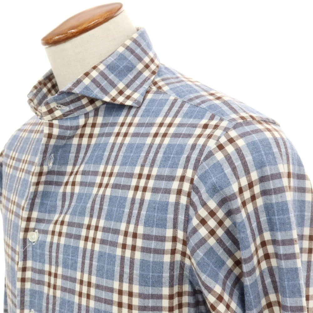 【中古】ビームスエフ BEAMS F コットン チェック ホリゾンタルカラー カジュアルシャツ ネイビーxブラウン【サイズM】【 状態ランクC 】【 メンズ 】