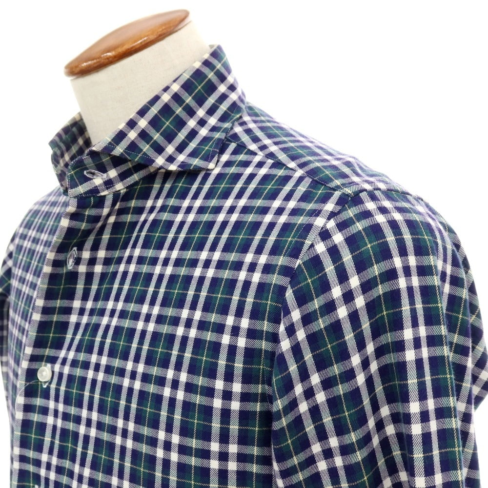 【中古】ビームスエフ BEAMS F コットン チェック ホリゾンタルカラー カジュアルシャツ ネイビーxグリーン【サイズM】【 状態ランクC 】【 メンズ 】