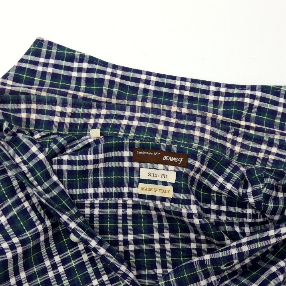 【中古】ビームスエフ BEAMS F コットン チェック ホリゾンタルカラー カジュアルシャツ ネイビーxグリーン【サイズM】【 状態ランクC 】【 メンズ 】