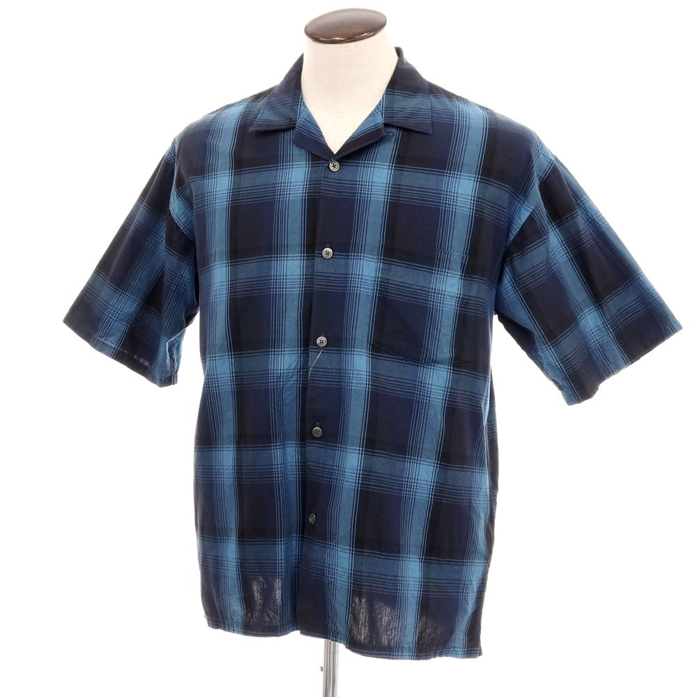 【中古】ビームス BEAMS the A コットン チェック オープンカラー 半袖シャツ ネイビーxブルー【 サイズL 】【 状態ランクB 】【 メンズ 】 [APD]