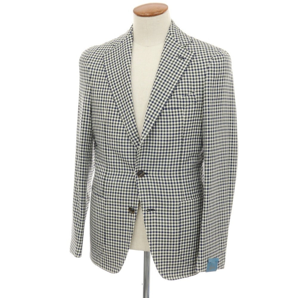 【中古】【未使用】ジアーボ ガボ Gabo NEW NAPOLI ウールシルクリネン チェック 3B テーラードジャケット ネイビーxグリーン【サイズ48】【 状態ランクS 】【 メンズ 】