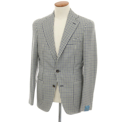 【中古】【未使用】ジアーボ ガボ Gabo NEW NAPOLI ウールシルクリネン チェック 3B テーラードジャケット ネイビーxグリーン【サイズ48】【 状態ランクS 】【 メンズ 】