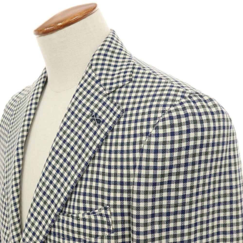 【中古】【未使用】ジアーボ ガボ Gabo NEW NAPOLI ウールシルクリネン チェック 3B テーラードジャケット ネイビーxグリーン【サイズ48】【 状態ランクS 】【 メンズ 】