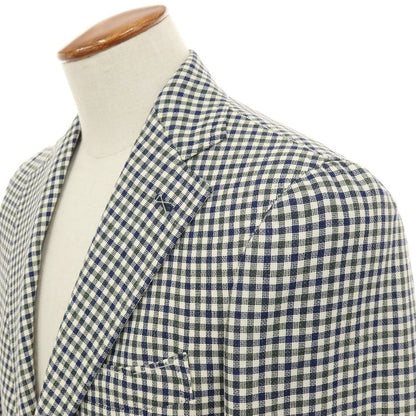 【中古】【未使用】ジアーボ ガボ Gabo NEW NAPOLI ウールシルクリネン チェック 3B テーラードジャケット ネイビーxグリーン【サイズ48】【 状態ランクS 】【 メンズ 】