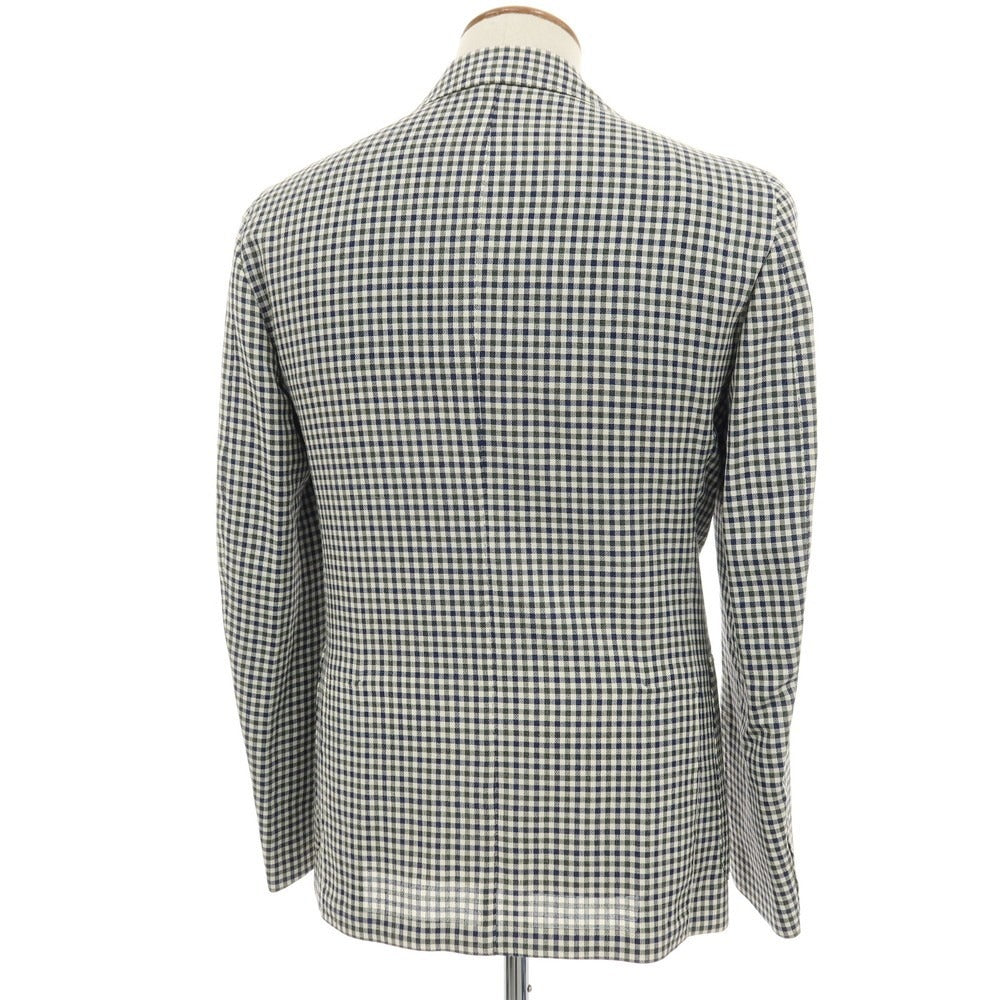 【中古】【未使用】ジアーボ ガボ Gabo NEW NAPOLI ウールシルクリネン チェック 3B テーラードジャケット ネイビーxグリーン【サイズ48】【 状態ランクS 】【 メンズ 】