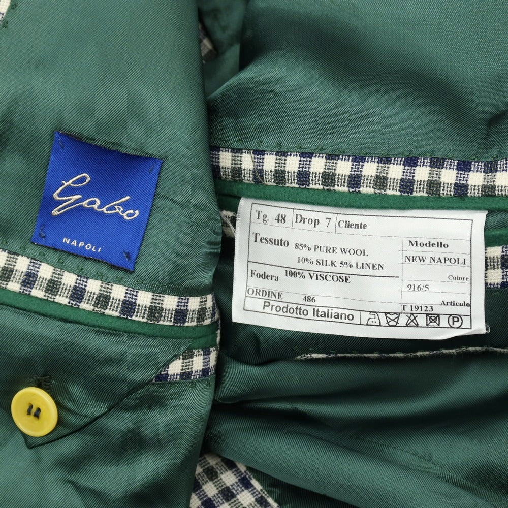【中古】【未使用】ジアーボ ガボ Gabo NEW NAPOLI ウールシルクリネン チェック 3B テーラードジャケット ネイビーxグリーン【サイズ48】【 状態ランクS 】【 メンズ 】