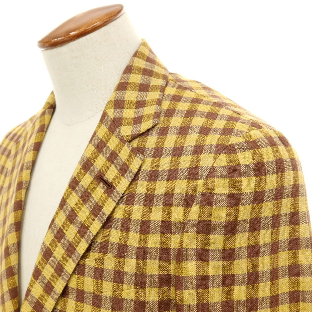 【中古】カルーゾ CARUSO シルクリネンナイロン チェック 3B テーラードジャケット イエローxブラウン【サイズ46】【 状態ランクB 】【 メンズ 】