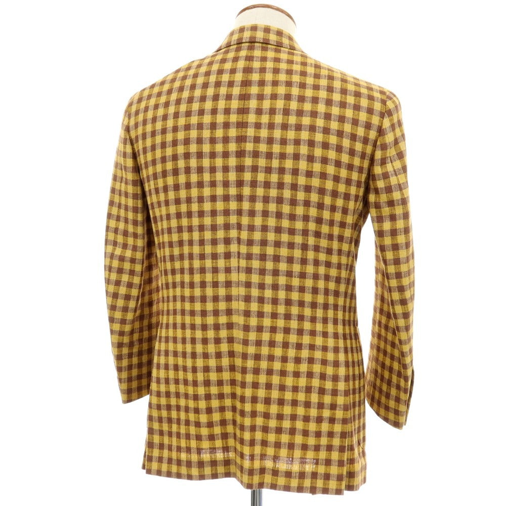 【中古】カルーゾ CARUSO シルクリネンナイロン チェック 3B テーラードジャケット イエローxブラウン【サイズ46】【 状態ランクB 】【 メンズ 】[CPD]