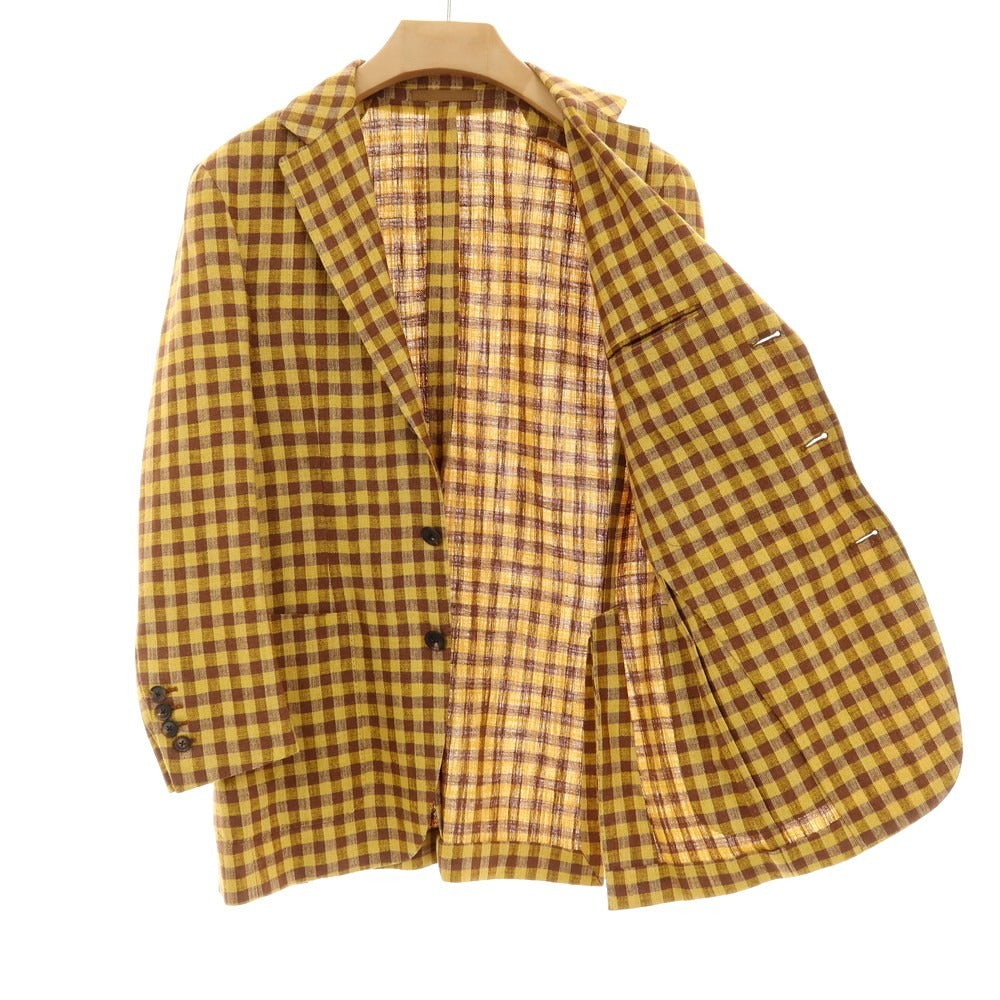 【中古】カルーゾ CARUSO シルクリネンナイロン チェック 3B テーラードジャケット イエローxブラウン【サイズ46】【 状態ランクB 】【 メンズ 】[CPD]