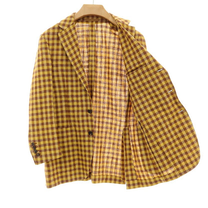 【中古】カルーゾ CARUSO シルクリネンナイロン チェック 3B テーラードジャケット イエローxブラウン【サイズ46】【 状態ランクB 】【 メンズ 】