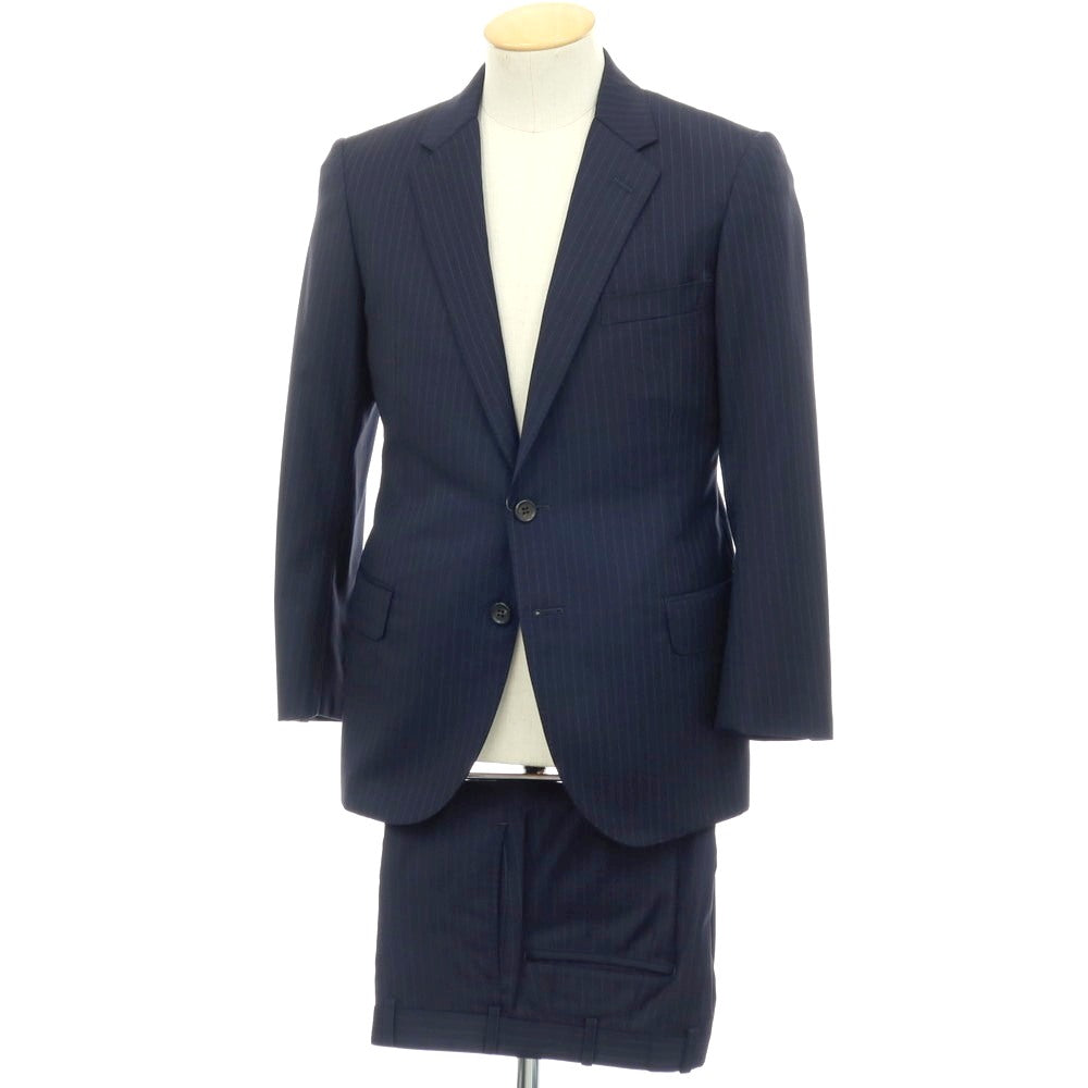 【中古】イセタンメンズ ISETAN MENS ウール ピンストライプ 2つボタンスーツ ネイビー【サイズ表記なし（S位）】【 状態ランクB 】【 メンズ 】