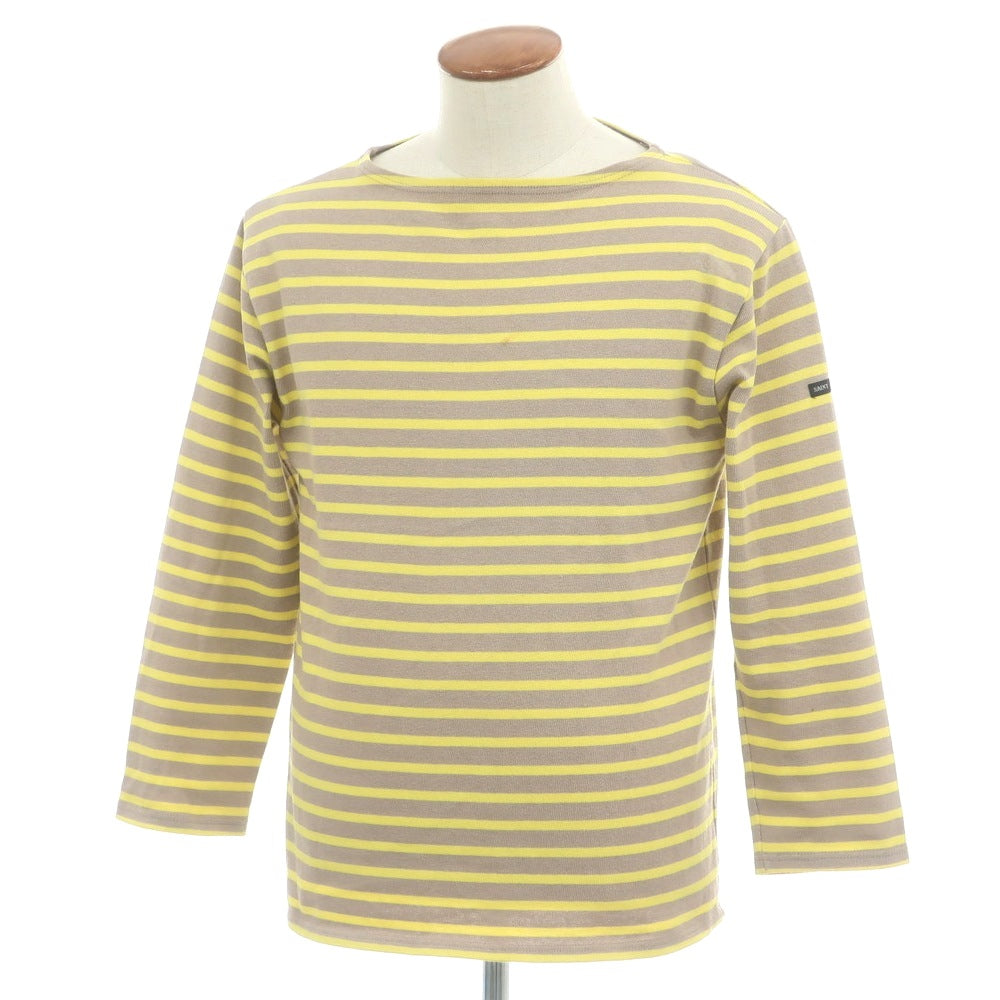 【中古】セントジェームス SAINT JAMES コットン ボーダー ボートネック バスクシャツ 長袖Ｔシャツ ダークグレージュ系xイエロー【サイズ4】【 状態ランクC 】【 メンズ 】