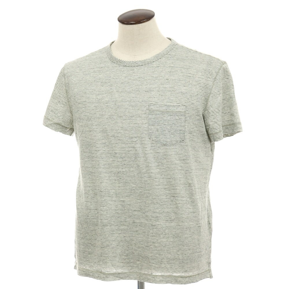 【中古】バナナリパブリック Banana Republic リネン ボーダー クルーネック 半袖ポケットTシャツ グリーンxホワイト【サイズL】【 状態ランクB 】【 メンズ 】