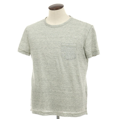 【中古】バナナリパブリック Banana Republic リネン ボーダー クルーネック 半袖ポケットTシャツ グリーンxホワイト【サイズL】【 状態ランクB 】【 メンズ 】