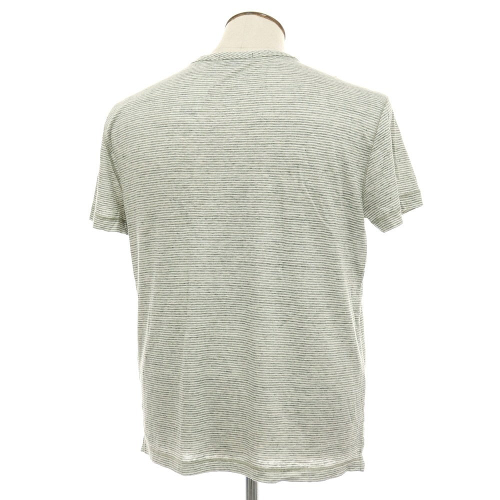 【中古】バナナリパブリック Banana Republic リネン ボーダー クルーネック 半袖ポケットTシャツ グリーンxホワイト【サイズL】【 状態ランクB 】【 メンズ 】