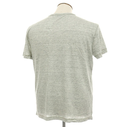 【中古】バナナリパブリック Banana Republic リネン ボーダー クルーネック 半袖ポケットTシャツ グリーンxホワイト【サイズL】【 状態ランクB 】【 メンズ 】