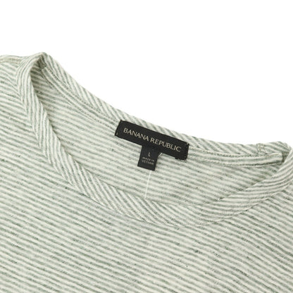 【中古】バナナリパブリック Banana Republic リネン ボーダー クルーネック 半袖ポケットTシャツ グリーンxホワイト【サイズL】【 状態ランクB 】【 メンズ 】