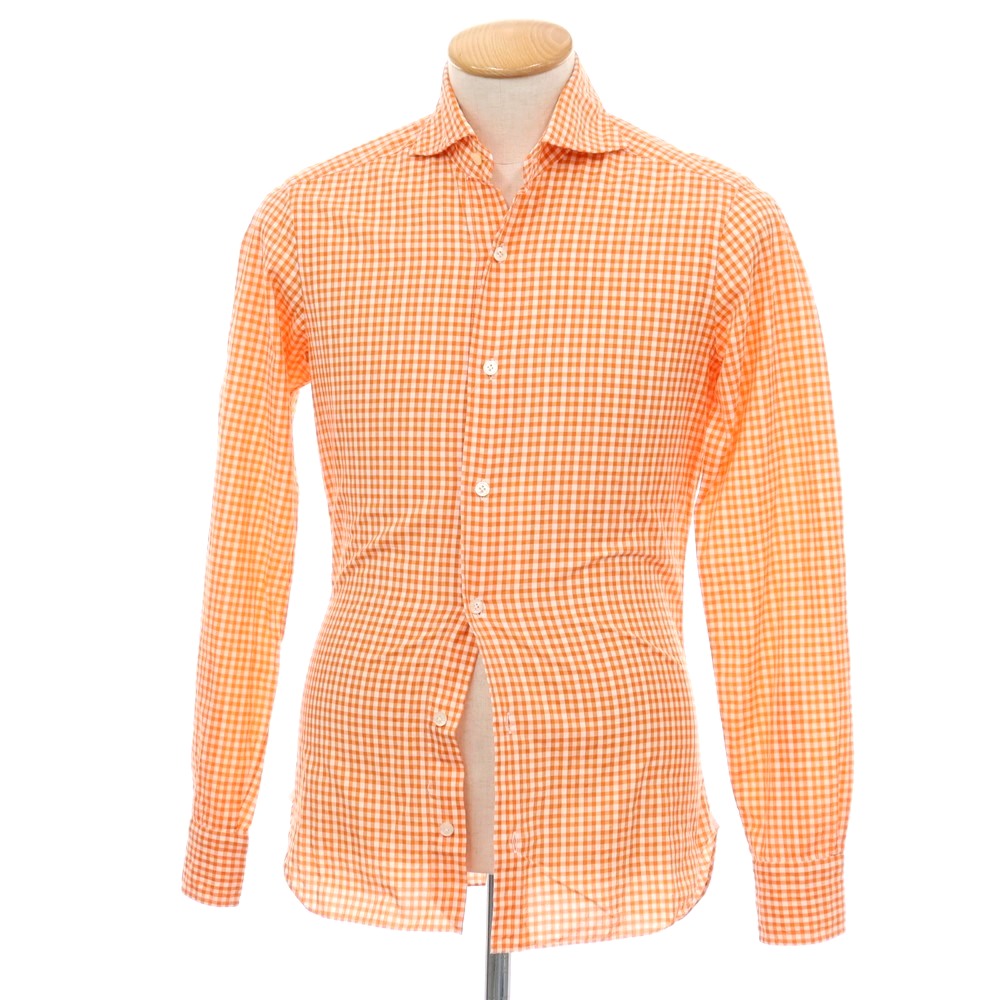 【中古】バルバ ダンディライフ BARBA DANDY LIFE コットン ギンガムチェック ホリゾンタルカラー カジュアルシャツ オレンジxホワイト【サイズ36】【 状態ランクB 】【 メンズ 】