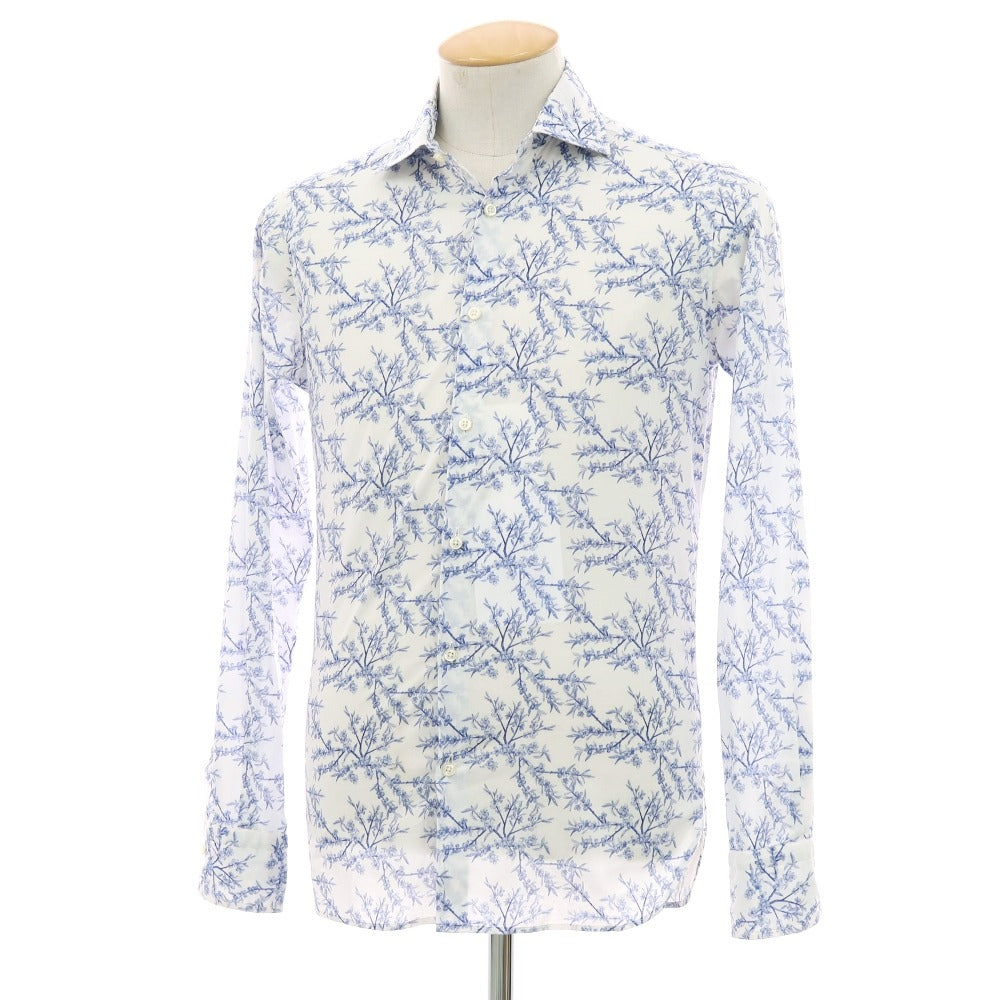 【中古】ギローバー GUY ROVER コットン ボタニカル プリント ワイドカラー カジュアルシャツ ホワイトxブルー【サイズ37】【 状態ランクC 】【 メンズ 】
