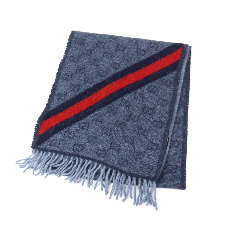 【中古】グッチ GUCCI ウールアルパカ GGロゴ×シェリーライン マフラー ブルーxネイビー【 状態ランクB 】【 メンズ 】