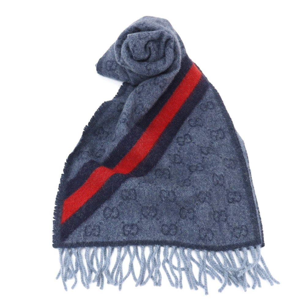 【中古】グッチ GUCCI ウールアルパカ GGロゴ×シェリーライン マフラー ブルーxネイビー【 状態ランクB 】【 メンズ 】