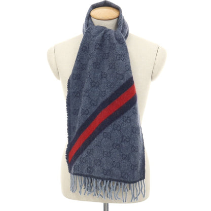 【中古】グッチ GUCCI ウールアルパカ GGロゴ×シェリーライン マフラー ブルーxネイビー【 状態ランクB 】【 メンズ 】