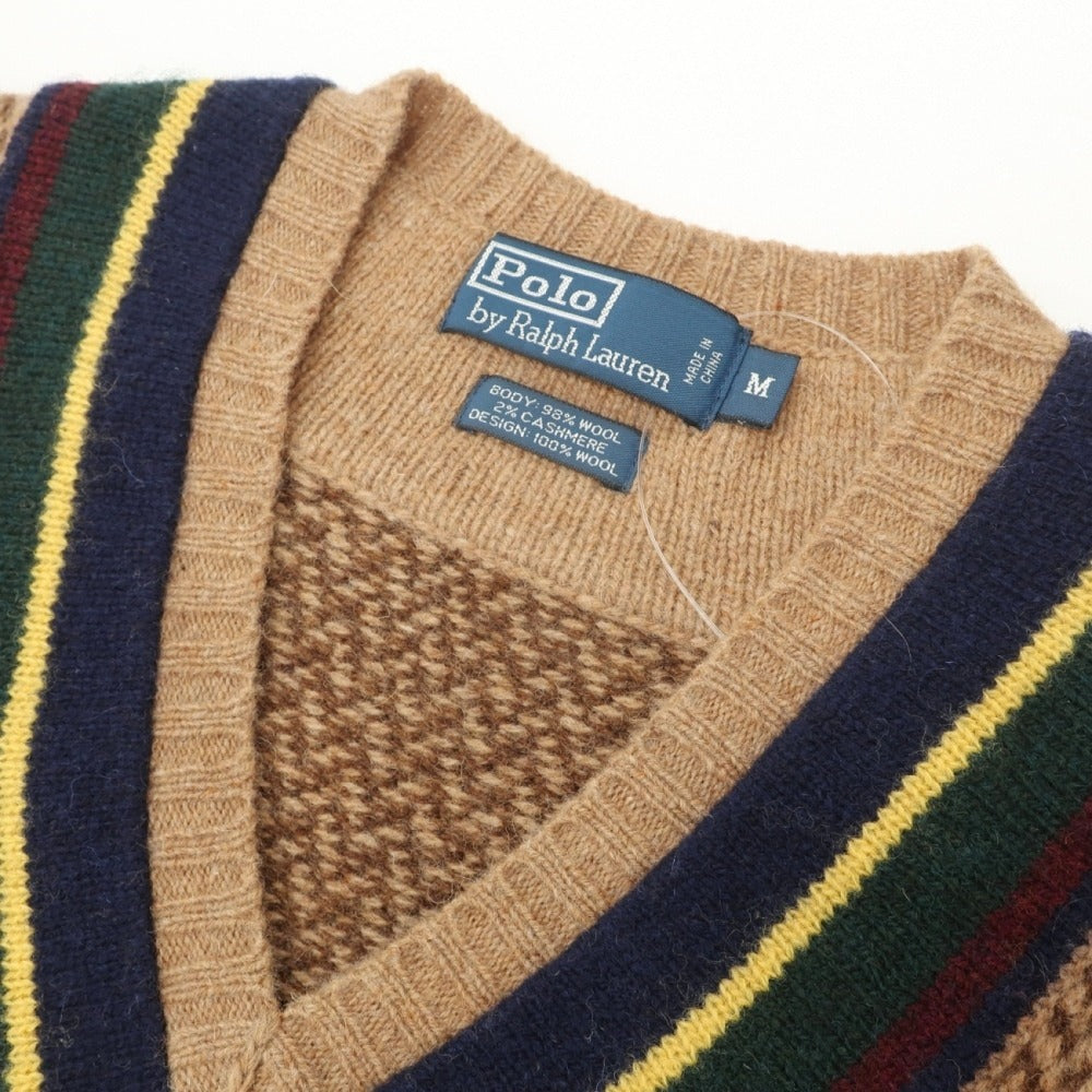 【中古】ポロ ラルフローレン Polo Ralph Lauren ウールカシミヤ Vネック ミドルゲージ プルオーバーニット ライトブラウンxブラウン【サイズM】【 状態ランクB 】【 メンズ 】