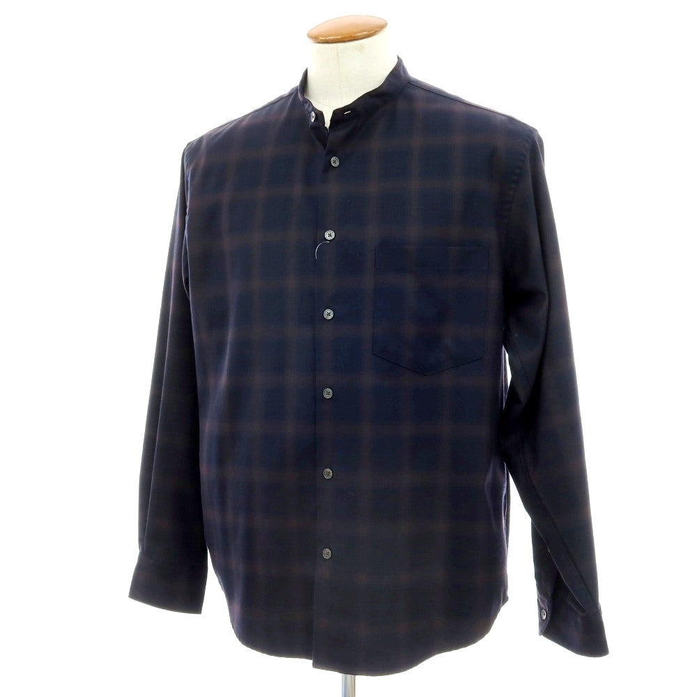 【中古】グリーンレーベルリラクシング green label relaxing ポリエステルウール チェック バンドカラー カジュアルシャツ ネイビーxブラウン【サイズM】【 状態ランクB 】【 メンズ 】[BPD]