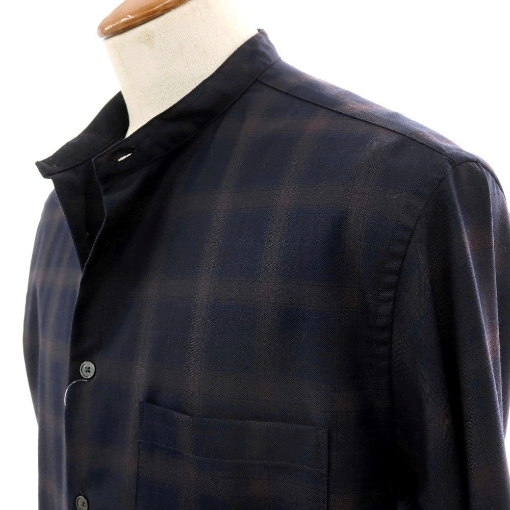 【中古】グリーンレーベルリラクシング green label relaxing ポリエステルウール チェック バンドカラー カジュアルシャツ ネイビーxブラウン【サイズM】【 状態ランクB 】【 メンズ 】[BPD]