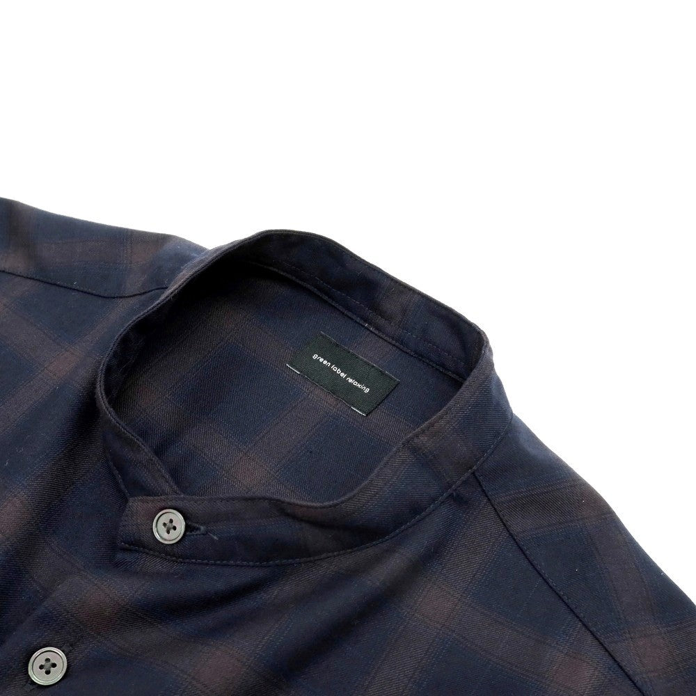 【中古】グリーンレーベルリラクシング green label relaxing ポリエステルウール チェック バンドカラー カジュアルシャツ ネイビーxブラウン【サイズM】【 状態ランクB 】【 メンズ 】[BPD]
