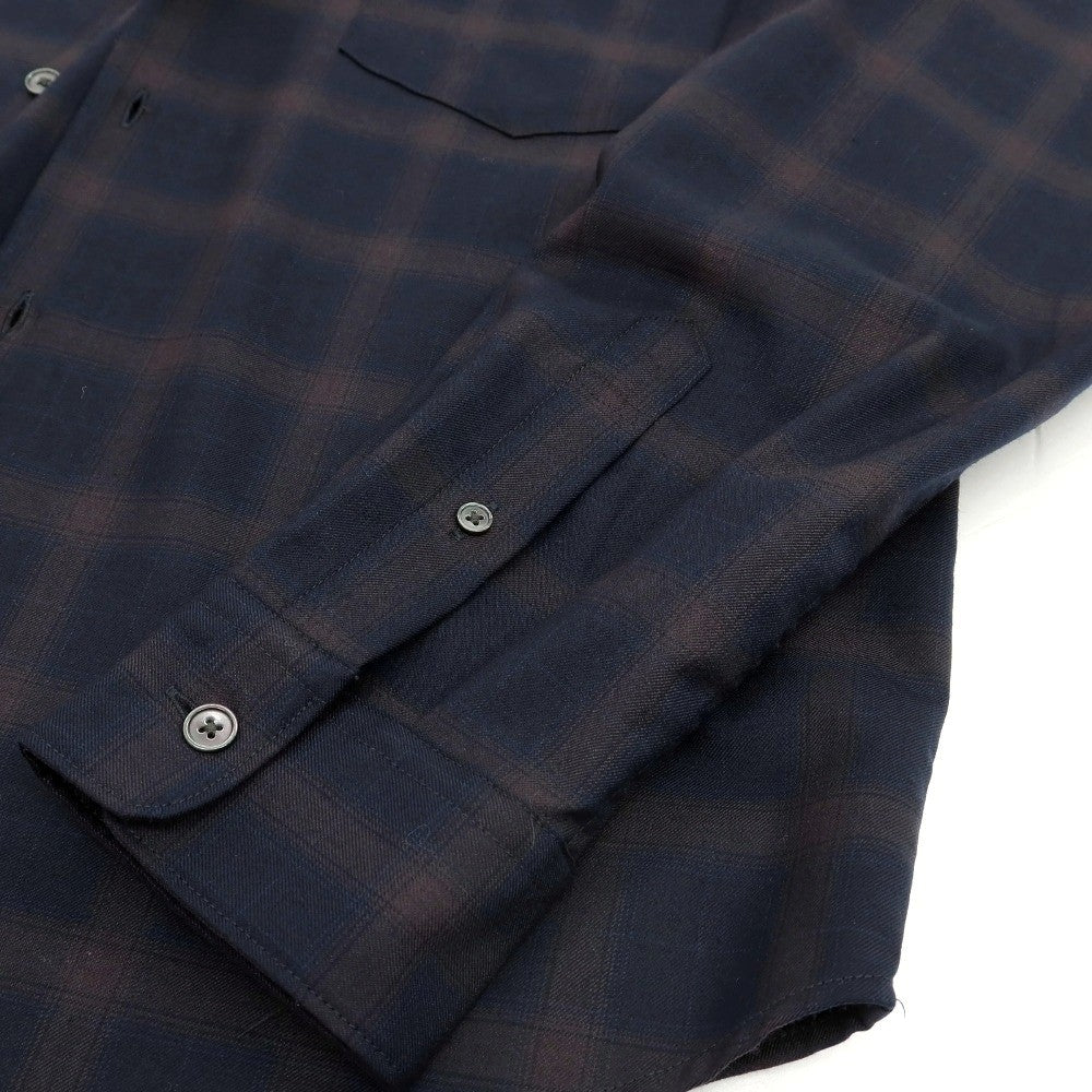 【中古】グリーンレーベルリラクシング green label relaxing ポリエステルウール チェック バンドカラー カジュアルシャツ ネイビーxブラウン【サイズM】【 状態ランクB 】【 メンズ 】[BPD]