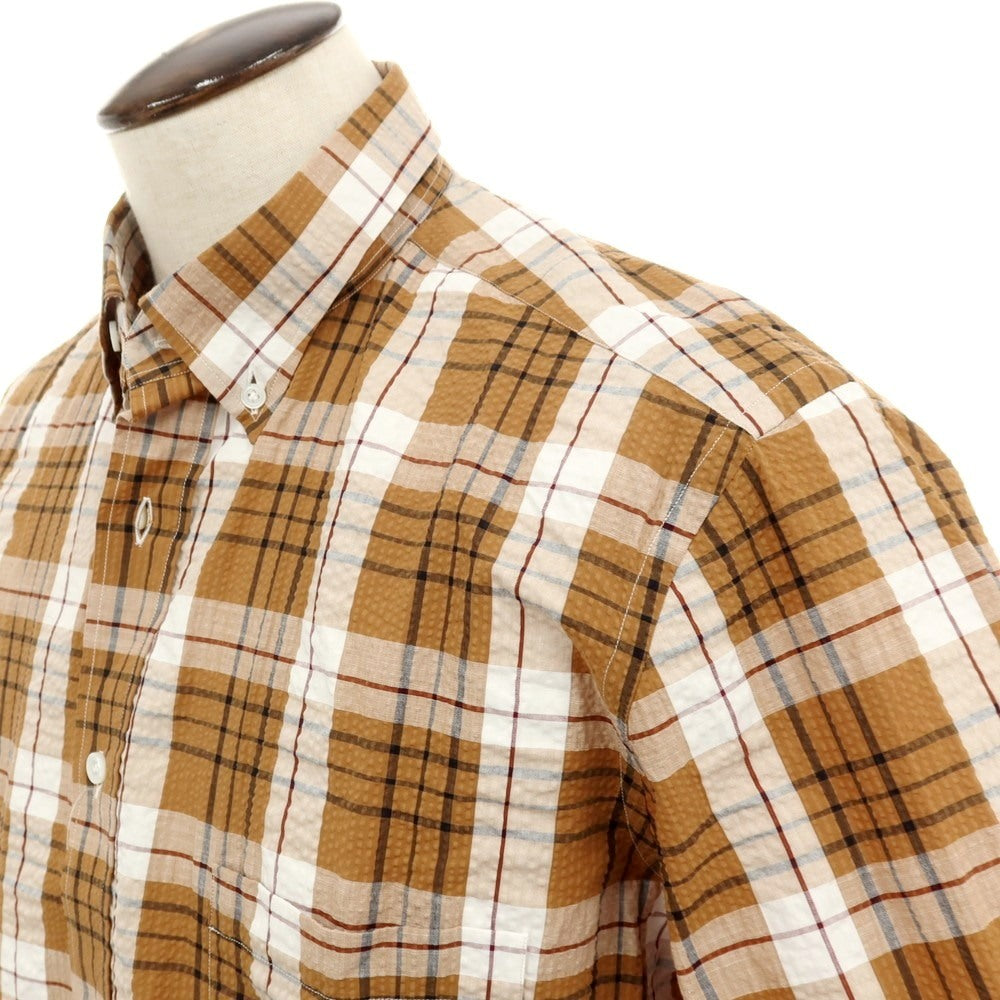 【中古】エリコフォルミコラ ERRICO FORMICOLA コットン シアサッカー チェック ボタンダウン 半袖シャツ ブラウン【サイズL】【 状態ランクA 】【 メンズ 】