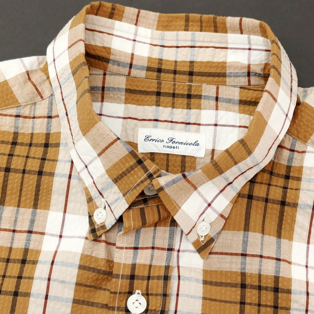 【中古】エリコフォルミコラ ERRICO FORMICOLA コットン シアサッカー チェック ボタンダウン 半袖シャツ ブラウン【サイズL】【 状態ランクA 】【 メンズ 】