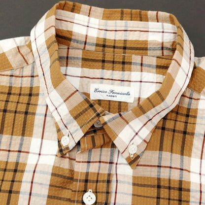 【中古】エリコフォルミコラ ERRICO FORMICOLA コットン シアサッカー チェック ボタンダウン 半袖シャツ ブラウン【サイズL】【 状態ランクA 】【 メンズ 】