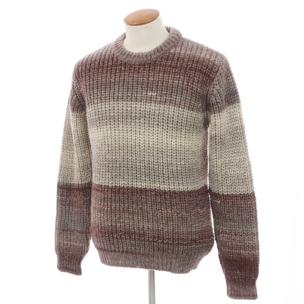 【中古】コミューンドゥパリ COMMUNE DE PARIS ウール クルーネック ボーダー ローゲージ プルオーバーニット グレーxボルドー【サイズM】【 状態ランクB 】【 メンズ 】