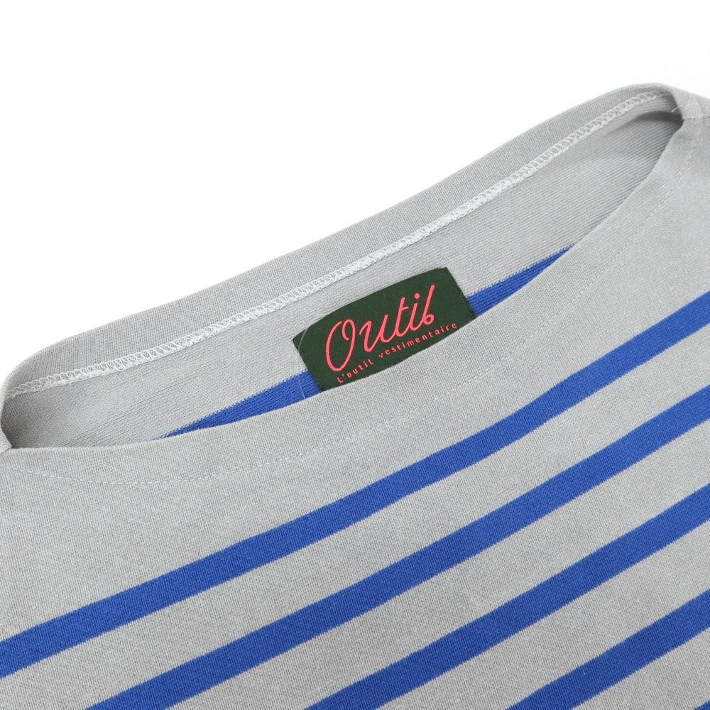 【中古】ウティ OUTIL コットン ボーダー オーバーサイズ ボートネック 長袖Ｔシャツ グレーxブルー【サイズ2】【 状態ランクC 】【 メンズ 】