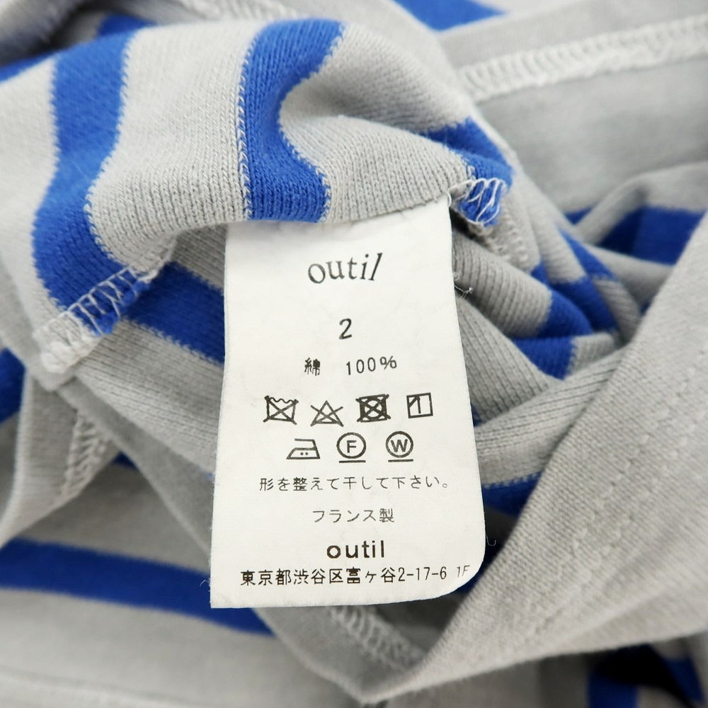 【中古】ウティ OUTIL コットン ボーダー オーバーサイズ ボートネック 長袖Ｔシャツ グレーxブルー【サイズ2】【 状態ランクC 】【 メンズ 】