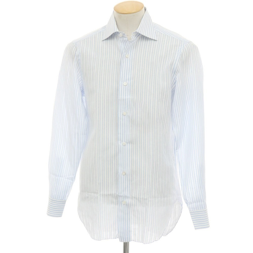 【中古】バルバ BARBA コットンリネン ストライプ セミワイドカラー ドレスシャツ ブルーxホワイト【サイズ38】【 状態ランクB 】【 メンズ 】