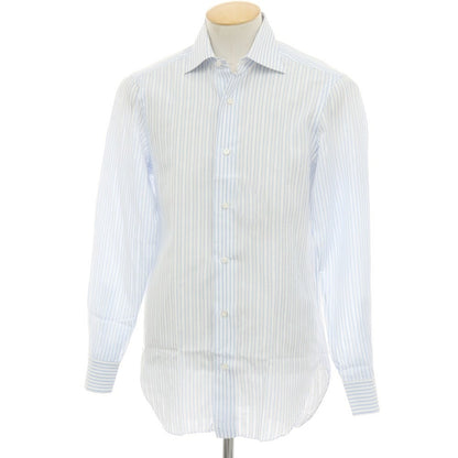 【中古】バルバ BARBA コットンリネン ストライプ セミワイドカラー ドレスシャツ ブルーxホワイト【サイズ38】【 状態ランクB 】【 メンズ 】